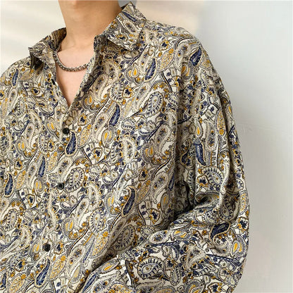 saferido Spring Summer New Cashew Flower Print Shirt Korean style Loose Casual Long-sleeved Tee Tops All-Match Blouse Men
