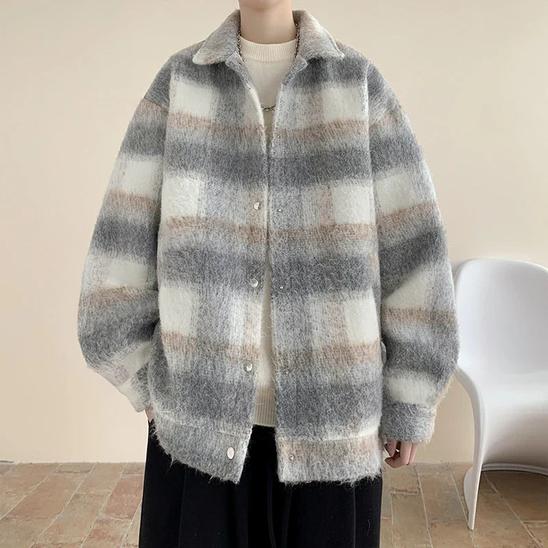 saferido Winter Thickened Woolen Coat Men Warm Fashion Thick Plaid Woolen Jacket Mens Streetwear Korean Loose Short Woolen Coat Men M-3XL