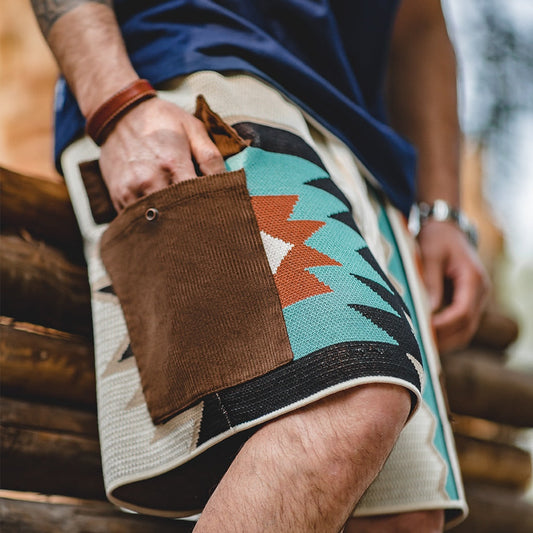 Vintage Navajo Totem Knitted Shorts Men's Casual Embroidery Geometric Beach Short Pants Drawstring Elastic Waist Shorts
