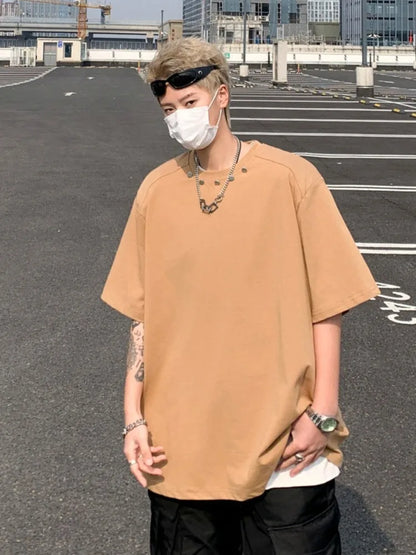 saferido Men T-shirts Solid Colors Hip Hop Comfortable Advanced Loose New American Style Simple All-match Trendy Students Summer Basic