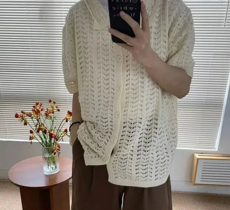 Men Korean Style Chic All-match Hollow Out Half Sleeves Streetwear Breathable Popular Males Knitwear Unisex Hip Hop New