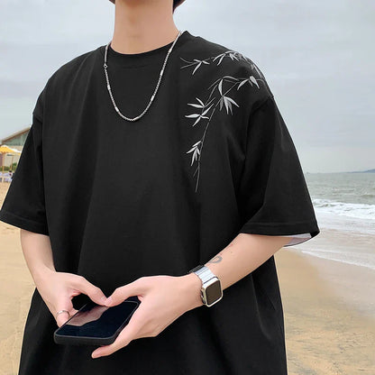 saferido Bamboo Embroidered T Shirt Men Harajuku Streetwear T-Shirts Summer Short Sleeve Black White Loose Casual Tshirt Tees Top