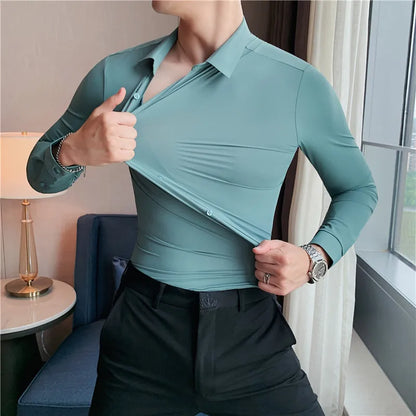 saferido  Men Spring High Quality Business Dress Shirts/Male Slim Fit High Elastic Force Long Sleeve Shirts Size S-4XL