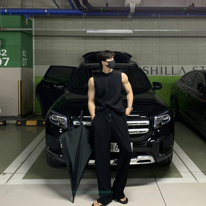 saferido Summer Clothing Men's Casual Tank Tops Set Luxury Korean Streetwear O Neck Solid Drape Vest+Trousers 2 Piece Suit 2024 New