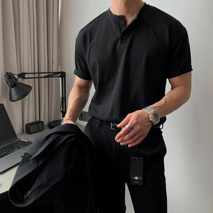 Summer Clothing Men's Luxury Henry Collar T-Shirt Korean Button-down Solid Color Short Sleeve Tees for Men