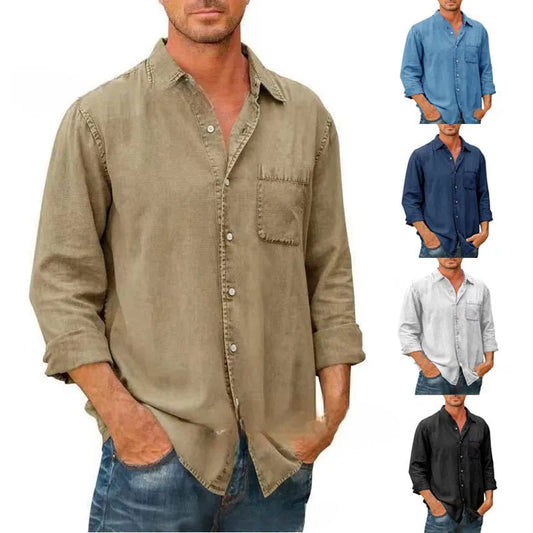 saferido Spring Autumn New Mens Denim Long Sleeve Button Down Pocket Shirt Retro Work Male Slim Fit Solid Color Casual Fashion Tops
