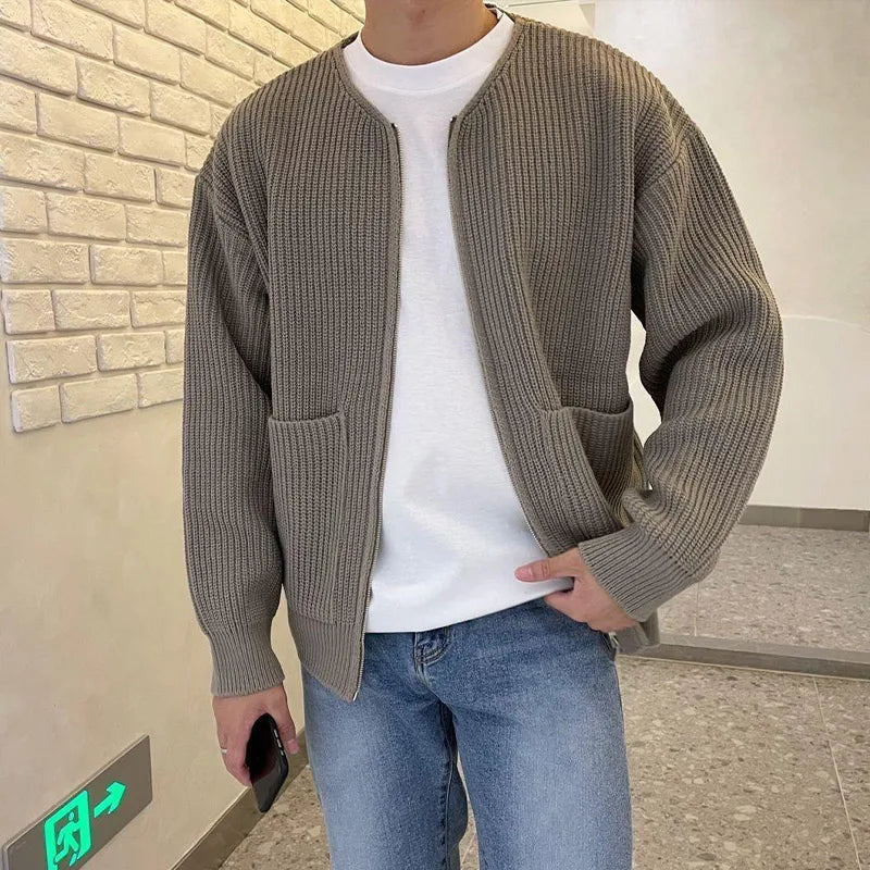 Autumn Knitted Long Sleeve Sweater Men Fashion Cardign Knitwear Slim Fit Men's Clothing New Pocket Warm Zipper Tops Male