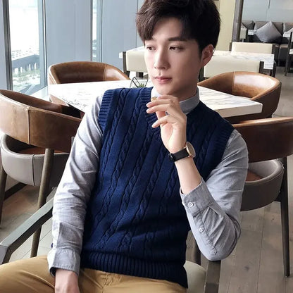Knit Sweater Male Solid Color Sleeveless Plain Men's Clothing Blue Vest Waistcoat Jumpers Plus Size Best Selling Products