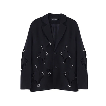 saferido Korean Street clothing fashion Spring Men's Irregular Hole Suit Dark Black Male Blazers Korean Fashion Lapel Outwear