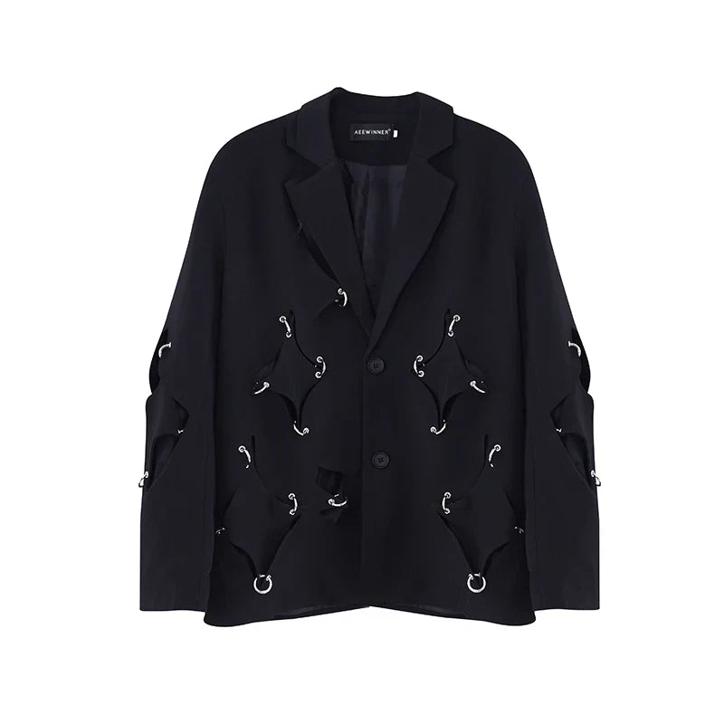 saferido Korean Street clothing fashion Spring Men's Irregular Hole Suit Dark Black Male Blazers Korean Fashion Lapel Outwear