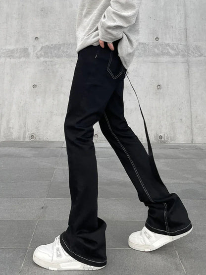 Jeans Men Vintage Ribbons Spring Autumn American Trendy Minimalist 90s Hip Hop Daily Flare Trousers Tender Boyfriends Style New
