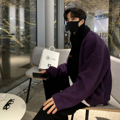 Men's Clothing Thickening Mohair Sweater Winter Loose Korean Style Vintage Kintted Sweater Round Collar Pullover