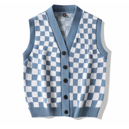 Men's Plaid Sweater Vest Sleeveless V-Neck Button Cardigan Vest Fashion Office Knitted Vest Classic Fit Tank Tops