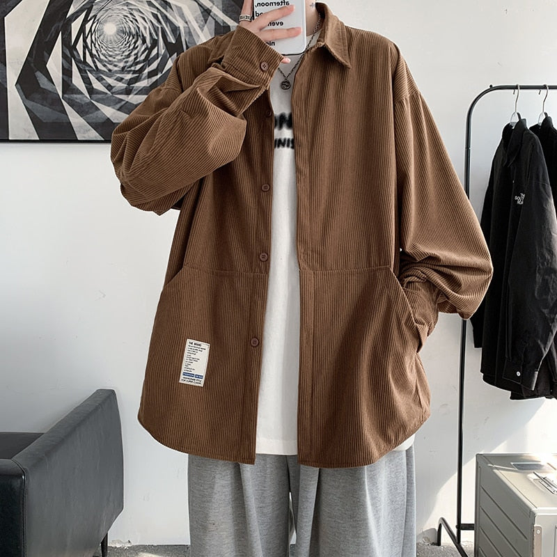Men's Corduroy Long Sleeve Shirts Woman Fashion Casual Oversize Blouse Unisex Overshirt