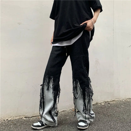 saferido Loose Stitching Tassel Straight Jeans Four Seasons Street Washing Hip Hop Street Slim Pants Casual Wild Denim Trousers Oversize