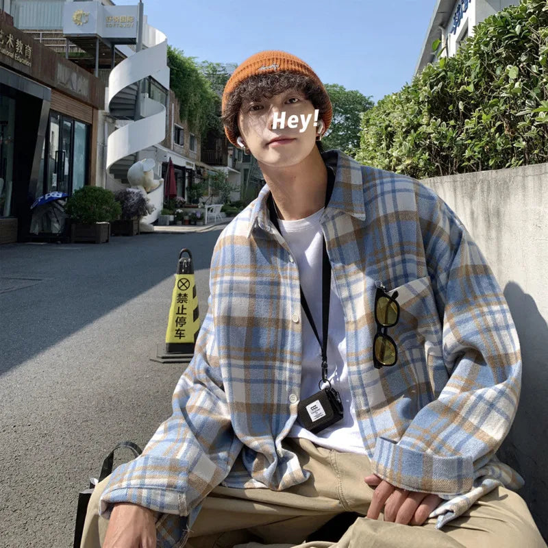 saferido Autumn Thick Woolen Shirt Men Fashion Retro Casual Oversized Plaid Shirts Mens Korean Blue/Green Loose Long-sleeved Shirt Men