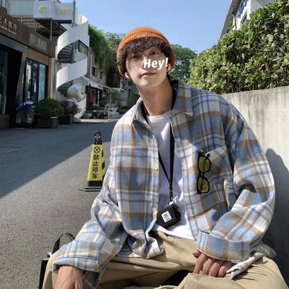 saferido Autumn Thick Woolen Shirt Men Fashion Retro Casual Oversized Plaid Shirts Mens Korean Blue/Green Loose Long-sleeved Shirt Men