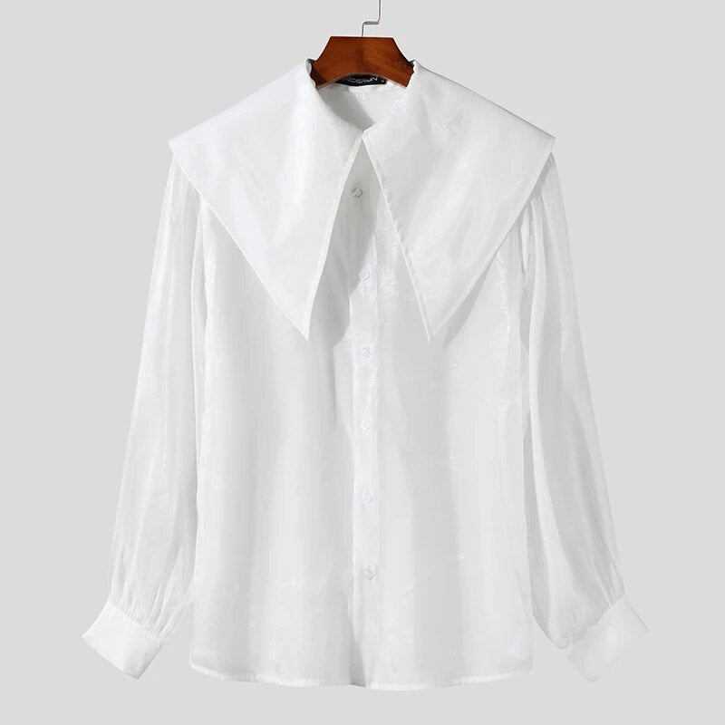Tops Palace Style Men's See-through Organza Thin Shirts Casual Fashion Male Long Sleeved  Large Lapel Blouse S-5XL