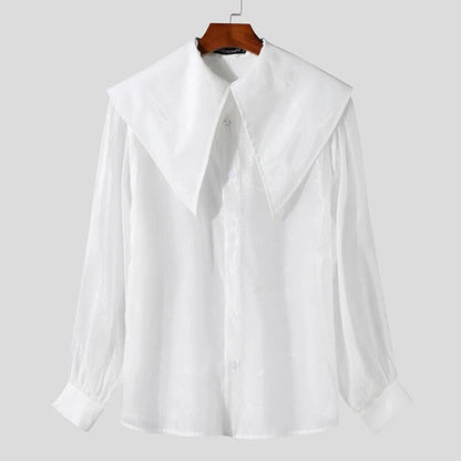 Tops Palace Style Men's See-through Organza Thin Shirts Casual Fashion Male Long Sleeved  Large Lapel Blouse S-5XL
