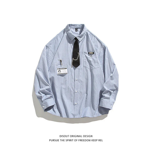 saferido Blue Striped Shirt Vintage College Style Tie Chain Design Loose Casual Blouse Couple Long Sleeve Top Harajuku Male Shirts Coat