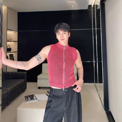 saferido Knitted Vest Men's Stand Collar Handsome Sweater Vest Korean Streetwear Male Clothing 2024 Spring Summer Fashion New
