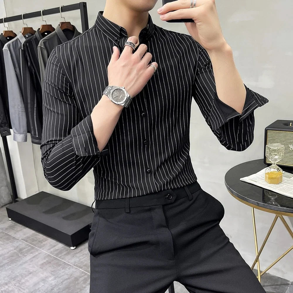 Striped Shirt Mens Spring New British Style Business Casual Long Sleeve Iron-Free Anti-Wrinkle Dress Shirt Mens Clothing