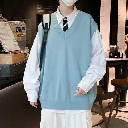 saferido Men Sleeveless Vest V-Neck Knitted Sweater Spring Autunm Solid Oversized Baggy Tops Ins Fashion Streetwear Vintage Y2K Clothes