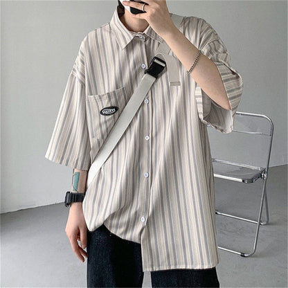 Summer Men's Short Sleeve Striped Shirts Fashion Print Shirt Mens Blouses Streetwear Brand Loose Casual Shirt Tops Men
