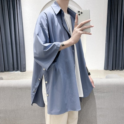 Summer Men Shirt Short Sleeve Solid Color Shirts For Man Vintage Harajuku Casual Oversized Blouses Fashion Men's Clothing