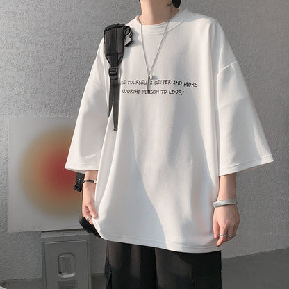 Men Summer Vintage T Shirts Letter Graphic Harajuku Casual Tshirt For Male  New Oversize Man Tees Three Quarter Tops