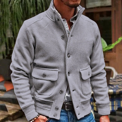 Men Jacket Knitted Button Closure Solid Color Single-Breasted Streetwear Autumn Winter Stand Collar Suit Coat For Daily Wear