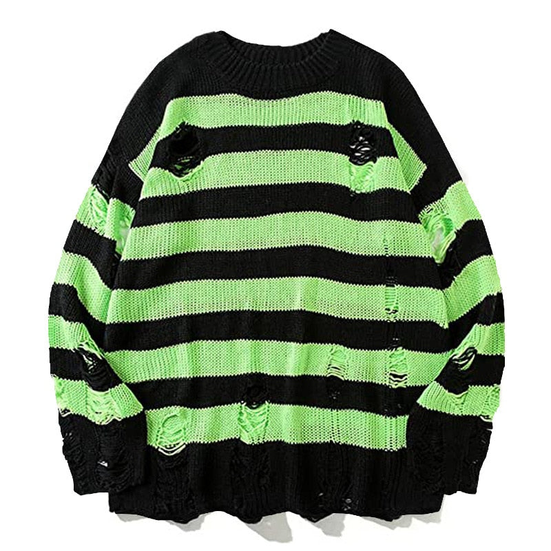Hip Hop Striped Knitted Sweater Mens Womens Harajuku Hole Knit Jumpers Oversized Streetwear Casual Loose O-Neck Pullover Couples