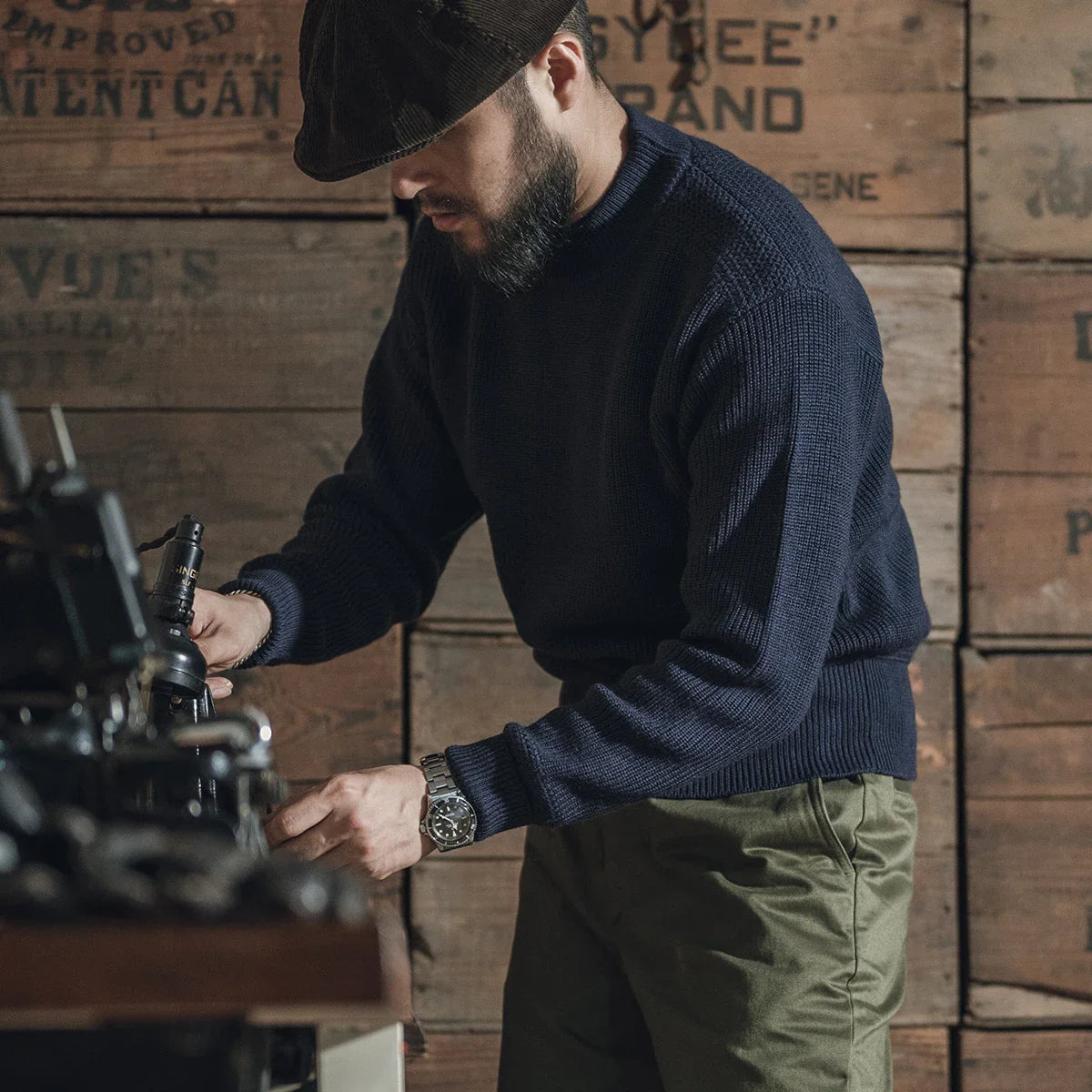 Bronson Pre-War USN Mock Neck Sweater Men Heavyweight Knitted Pullover Navy Blue