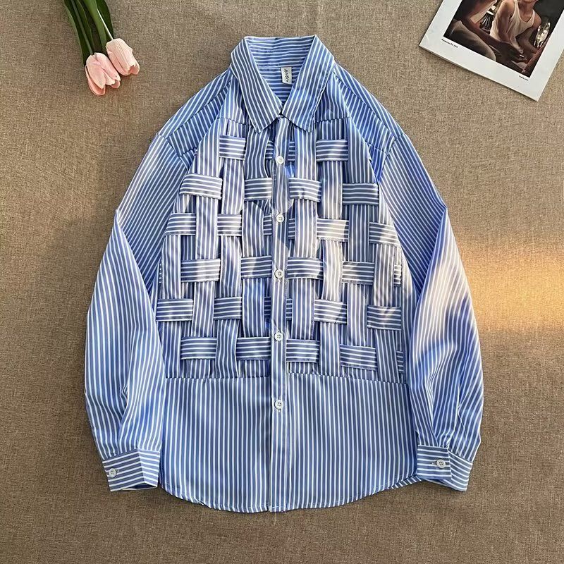 Men's Clothing Spring Summer New Weave Long Sleeve Lapel Korean Version Solid Color Striped Printed Trend Casual Shirts