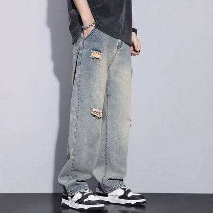 saferido Men's Clothing Y2k Baggy Jeans Spring/Summer New Man Pants American Trendy Hole Loose Leisure Straight Leg Wide Jeans for Men