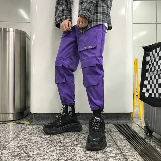 saferido Purple Men Cargo Pants Spring Loose Hip Hop Joggers Trousers Pockets Overalls Fashion Student Sweatpants Korean Male Streetwear
