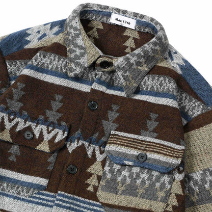 Winter Thicken Button Shirts Geometric Graphic Striped Nation Style Woolen Shirts Men's Autumn Button Up Blouse