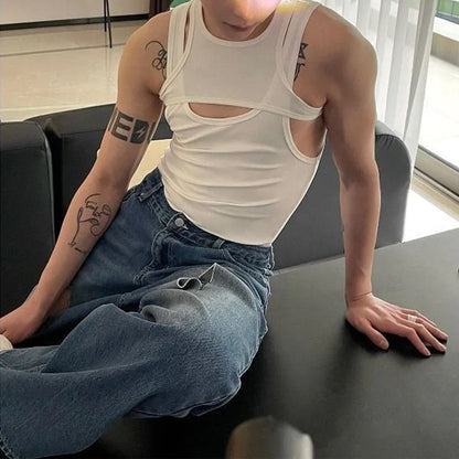 saferido American Style New Tops Sexy Hollow Fake Two Pieces Men's Clothing Summer Hollow Out Fashion Slim Bodybuilding Tank Tops