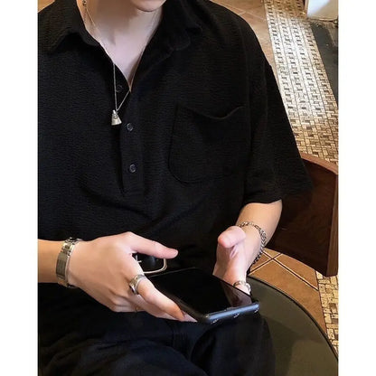 Korean Solid Color Knit Polo Shirt Lapel Short Sleeve T-shirt Men Summer Trend Loose Casual Top Golf Button Polo T Shirt for Men