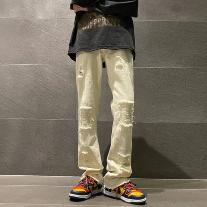 saferido Trousers with Holes Man Cowboy Pants Aesthetic Ripped Men's Jeans Torn Broken Black Straight Trend Loose Cotton Washed Kpop