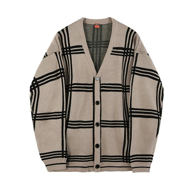 Winter New Cardigans Sweater for Men Retro Loose Casual Korean Fashion V-neck Plaid Line Cardigan Knitted Sweater Men Coats