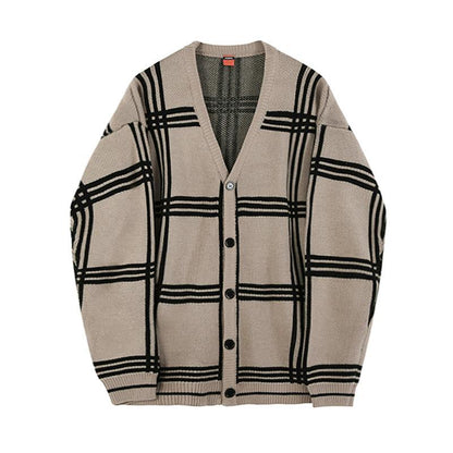 Winter New Cardigans Sweater for Men Retro Loose Casual Korean Fashion V-neck Plaid Line Cardigan Knitted Sweater Men Coats