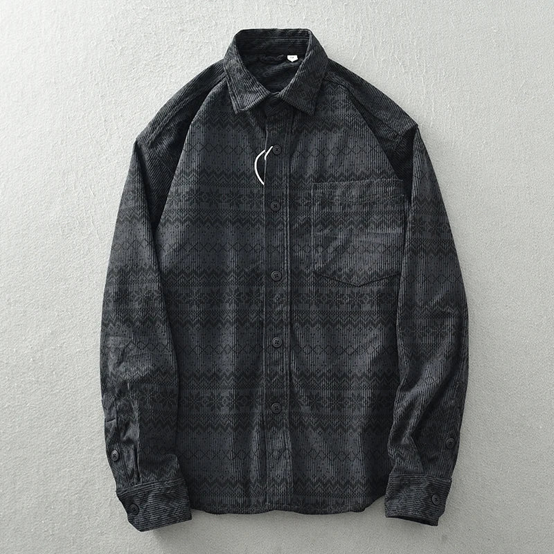 Vintage corduroy shirt for men Japanese ethnic embroidered baggy lapel long sleeve top coat fashion autumn