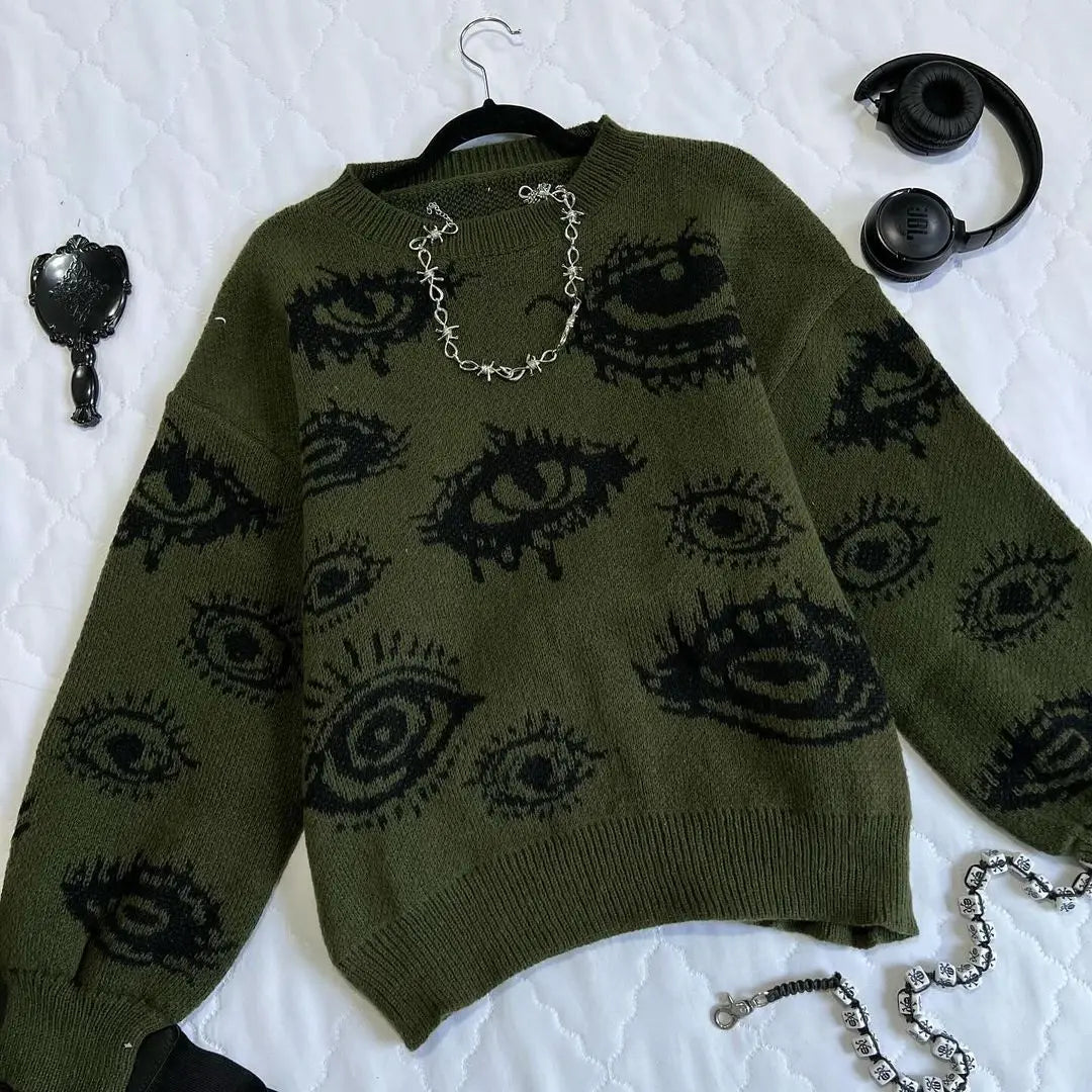 saferido Gothic Punk Oversized Eye Pattern Sweaters for Men and Women Autumn and Winter Thickened Sweatshirts Knitted Sweater Streetwear