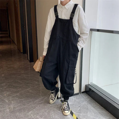 saferido Suspenders Jumpsuit Pants Men Summer Overalls Japanese Loose Straps Casual Pockets Unisex Oversize Streetwear Solid Man Clothing