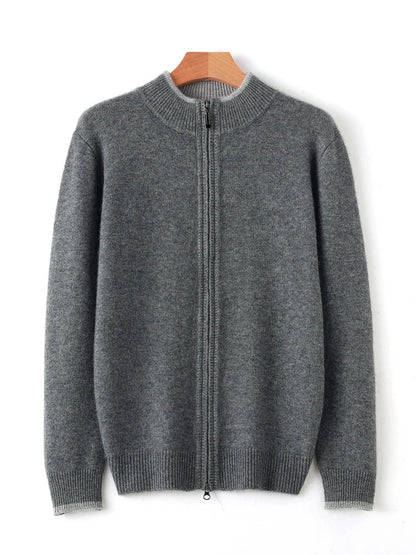 Autumn/Winter New 100% Pure Cashmere Sweater Men's Half High Neck Knitted Zippered Cardigan Solid Color Wool Top Coat