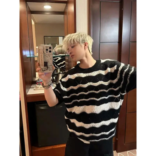saferido Men T-shirts All-match Vintage Striped Classical Korean Style Breathable Hipster Casual Simple Clothing Soft Fashion O-neck Tees