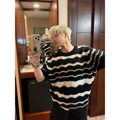 saferido Men T-shirts All-match Vintage Striped Classical Korean Style Breathable Hipster Casual Simple Clothing Soft Fashion O-neck Tees
