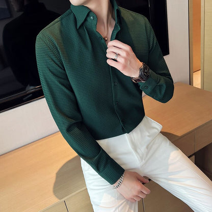 British Style Spring New Waffle Long Sleeve Shirts For Men Clothing Quality Slim Fit Drape Tuxedo Casual Chemise Homme Sale