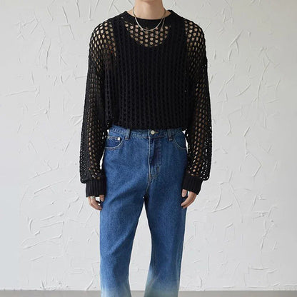 Mens Y2k Hollow Out Outfits See-Through Knit Shirts New Summer Fashion All-Match Casual Geometric Vintage Loose Smock Tops